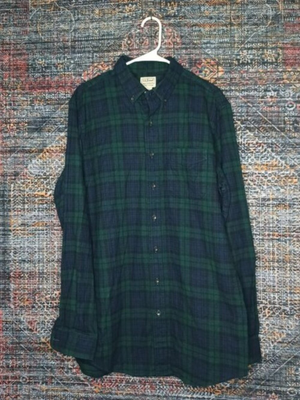 LL Bean mens blue black green plaid flannel work shirt LT TALL